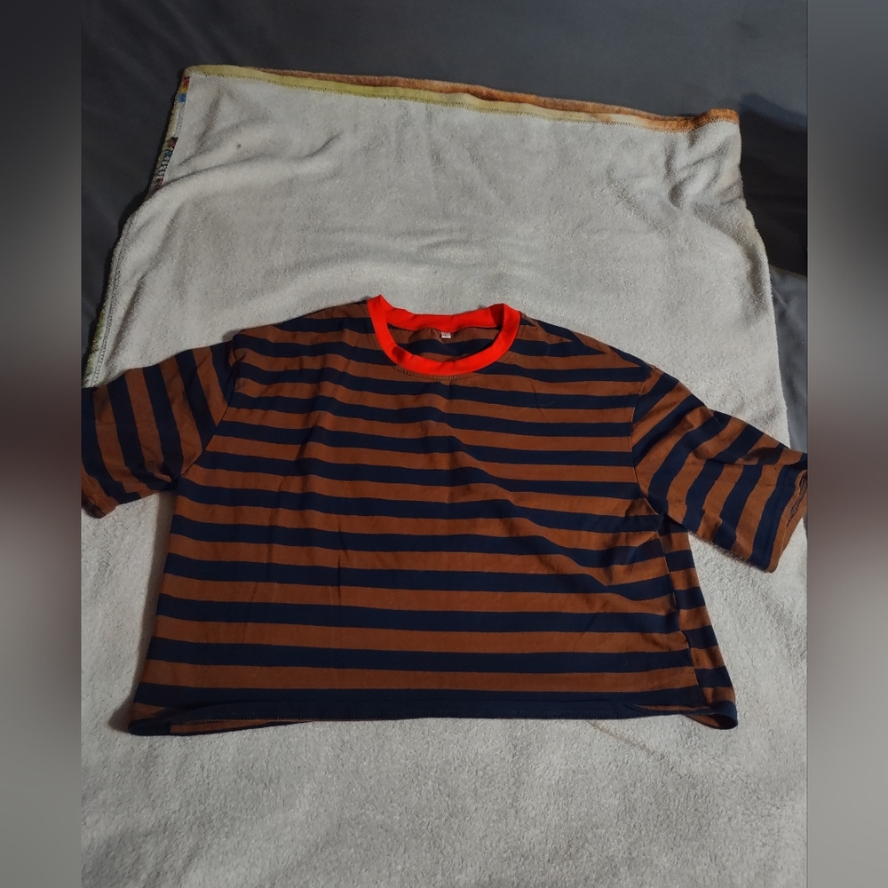 No Label Striped Brown and Navy Blue T-Shirt/Size Large (Juniors)